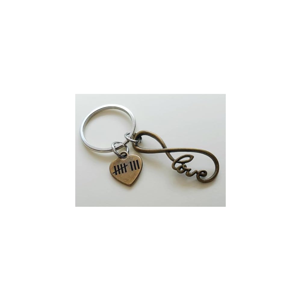 Bronze Love Infinity Charm Keychain & Heart Tag Engraved with 8 Tally Marks, For Couples 8 Year Anniversary