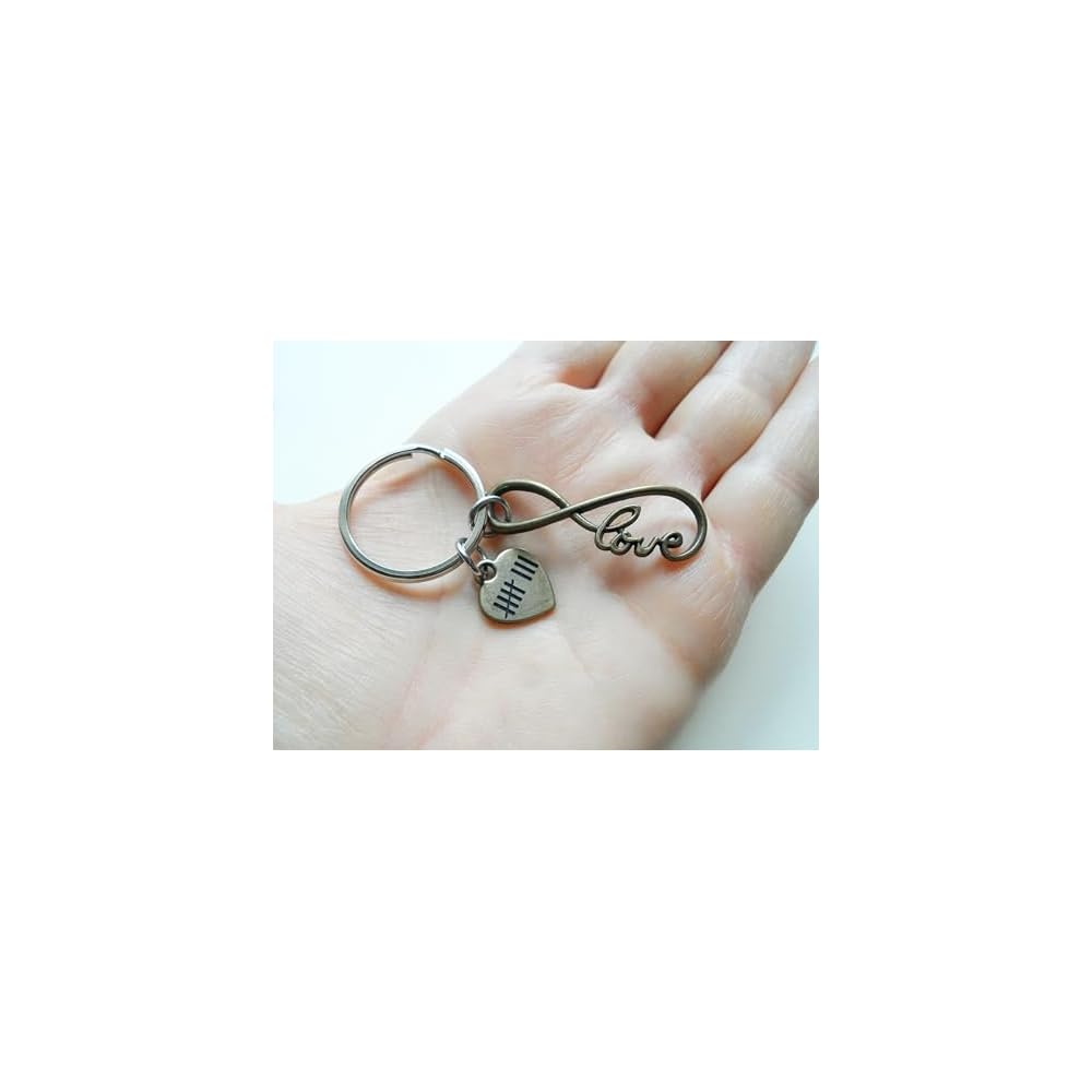 Bronze Love Infinity Charm Keychain & Heart Tag Engraved with 8 Tally Marks, For Couples 8 Year Anniversary