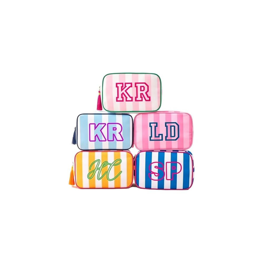Personalized Embroidered Striped Cosmetic Bag with Name, Custom Waterproof Toiletry Pouch with Tassel, Travel Makeup Case for bridesmaid, Mahjong Tile Bag Gift for Birthday Bachelorette Party Favor