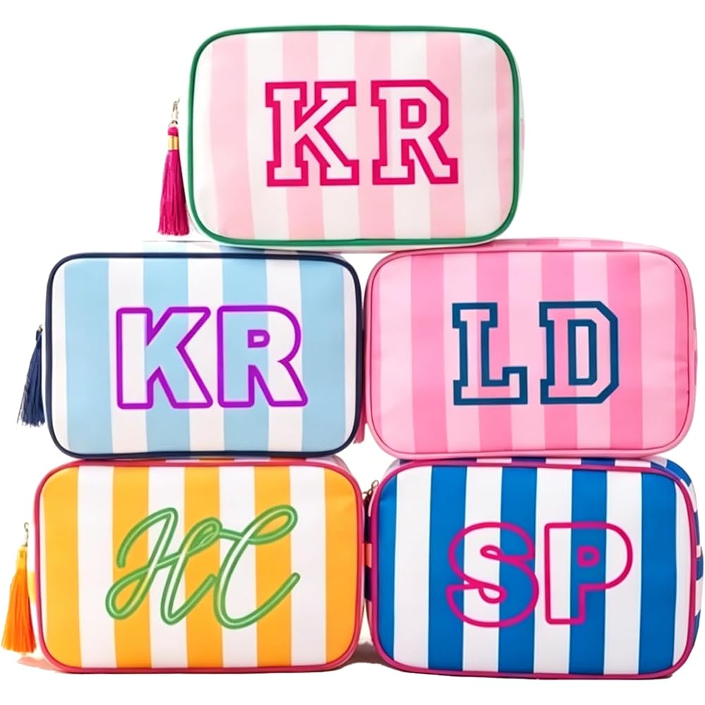 Personalized Embroidered Striped Cosmetic Bag with Name, Custom Waterproof Toiletry Pouch with Tassel, Travel Makeup Case for bridesmaid, Mahjong Tile Bag Gift for Birthday Bachelorette Party Favor